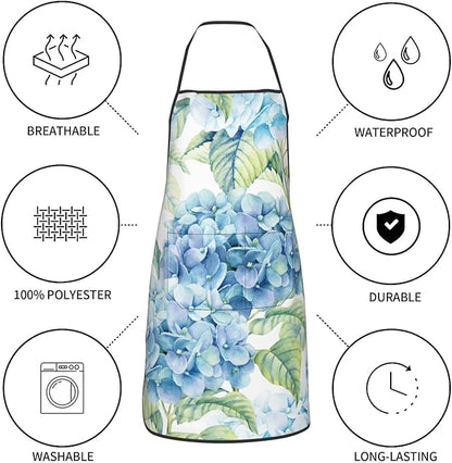Blue Hydrangea Flowers Watercolor Oven Mitts Pot Holders Cooking Apron Set of 5 Silicone Kitchen Glove Apron Non-Slip Heat Resistant for Chef Baking Cooking Grilling BBQ