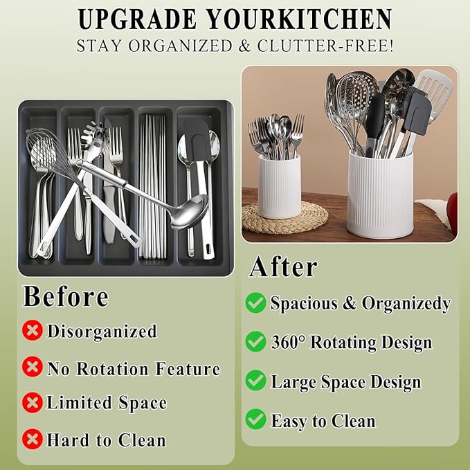 HOMQUEN 360° Rotating Utensil Holder, 6.3''+4.7'' Plastic Kitchen Utensil Holder for Countertop, Large Cooking Utensil Crocks for Kitchen Decor, Utensil Organizer for Spatula, Set of 2 (White) - Image 4
