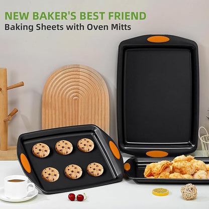 5-Piece Nonstick Baking Pans Set - Premium Carbon Steel Bakeware with PFOA/PFOS/PTFE-Free Coating, Red Silicone Handles (Black Orange) - Image 7