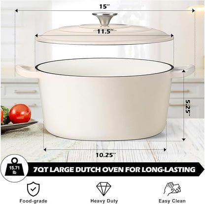 TeamFar Enameled Cast Iron Dutch Oven, 7qt Dutch Oven Pot Nonstick Cookware with Lid & Dual Handles for Bread Baking, Cooking, Oven Safe up to 500℉ & Various Stovetops, Healthy & Heavy Duty - White - Image 2