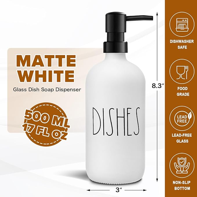 VIMERPA Dish Soap Dispenser, Matte White Soap Dispenser for Kitchen, Glass Dishes Soap Dispenser with Plastic Pump, 17 Fl Oz Refillable Liquid Soap Bottle Container, Farmhouse Kitchen Decor - Image 8