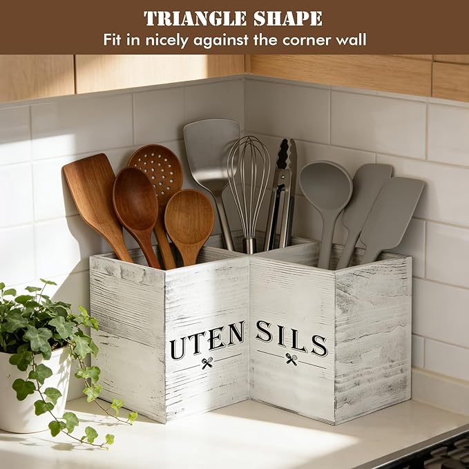 Extra Large Utensil Holder with 3 Compartments, Durable Wooden Utensil Organizer for Kitchen Countertop, Spatula and Spoon Holder Farmhouse Decor (White Grain) - Image 4