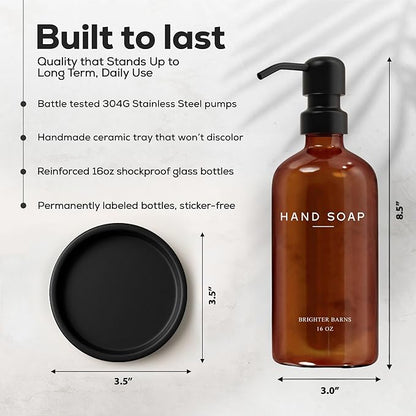 Amber Glass Hand Soap Dispenser Bathroom Set by Brighter Barns - Refillable Liquid Hand Soap Dispenser Tray and Pump Set for Kitchen - Modern Bathroom Decor & Accessories for Airbnb, RV, Hotel (Amber) - Image 3