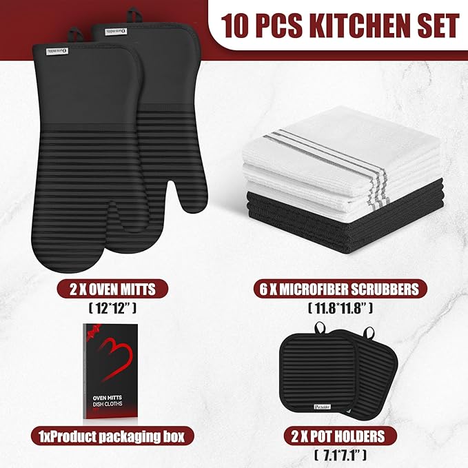 Oven Mitts and Pot Holder Sets with Silicone Grip, 500°F Heat Resistant-6 Pack Dishcloth/Dish Towels for Kitchen 100% Cotton-Value Kitchen Essentials for Cooking, Baking, Grilling-Black - Image 2