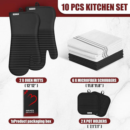 Oven Mitts and Pot Holder Sets with Silicone Grip, 500°F Heat Resistant-6 Pack Dishcloth/Dish Towels for Kitchen 100% Cotton-Value Kitchen Essentials for Cooking, Baking, Grilling-Black - Image 2