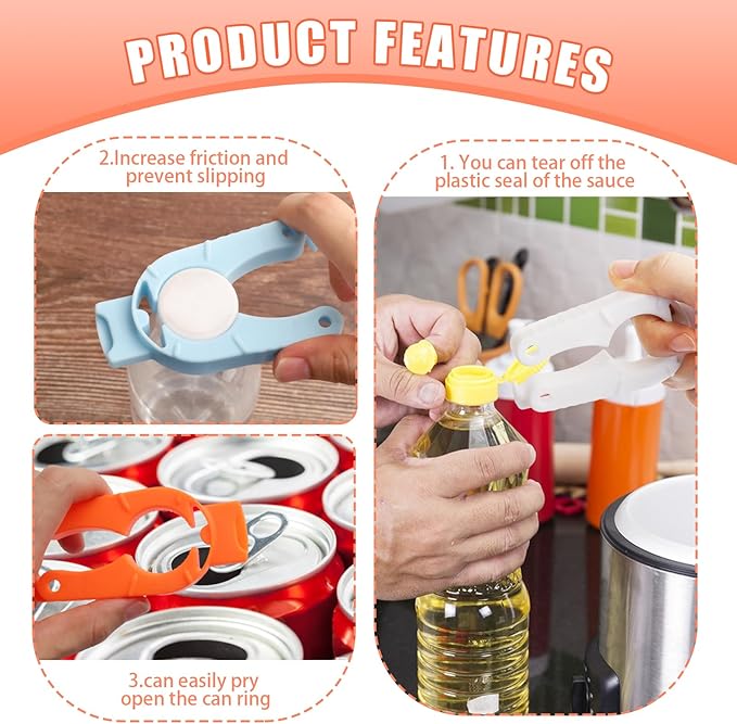 6-Pack Plastic Bottle Cap Opener, 3-in-1 Multi-Purpose Gripper Water Bottle Opener for Arthritic Hands, Easy-Twist Jar Opener Tool for Kitchen, Camping & Outdoor Use (Orange, Blue, White) - Image 3