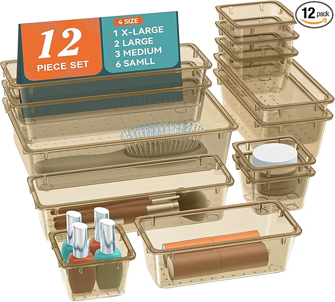 ElegantArray 12 PCS Drawer Organizer Set, 4 Sizes Tool Storage Trays, Clear Plastic Makeup Vanity Organizer and Storage Bins for Stationeries, Multiple Gadgets for Office, Bedroom, Champagne by Unknown