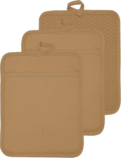 Oven Pot Holder with Pocket Cotton Heat Resistant Coaster Potholder Kitchen Hot Pad Oven Mitts for Cooking and Baking Square 7"x9" (Khaki, Silicone) by VEIKERY