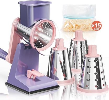 Upgraded Rotary Cheese Grater with 3 Interchangeable Stainless Steel Drums, One-Press Powerful Suction Manual Vegetable Shredder&Slicer for Kitchen, 15pcs Storage Bags Included, Pinkish Purple