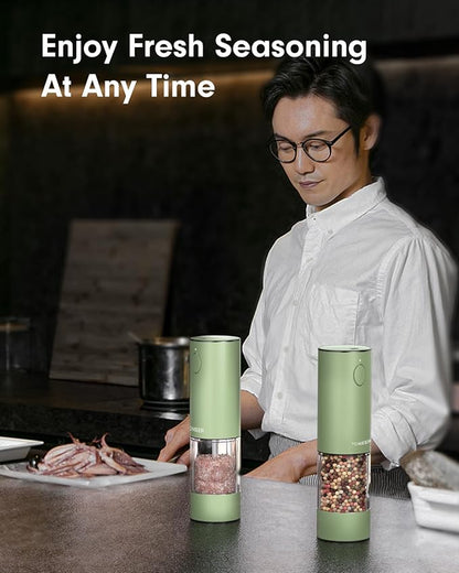 TOMEEM Upgraded Larger Capacity Electric Salt and Pepper Grinder Set Rechargeable with LED lights, Stainless Steel Automatic Pepper and Salt Grinder Refillable with 5 Adjustable Coarseness Green - Image 8