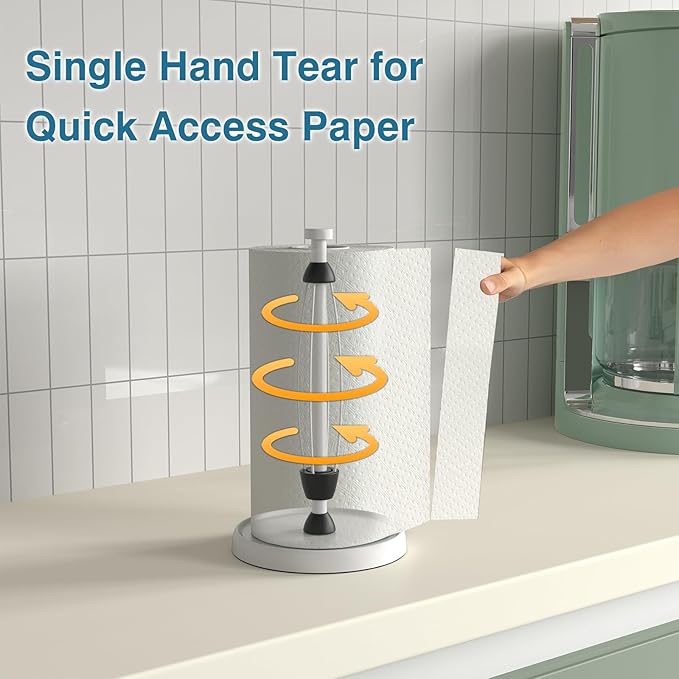White Paper Towel Holder Countertop, White Kitchen Accessories Decor, Stainless Steel, Weighted Base, Paper Towel Roll Holder Stand with Ratchet Mechanism for Kitchen Bathroom Farmhouse Essentials - Image 3