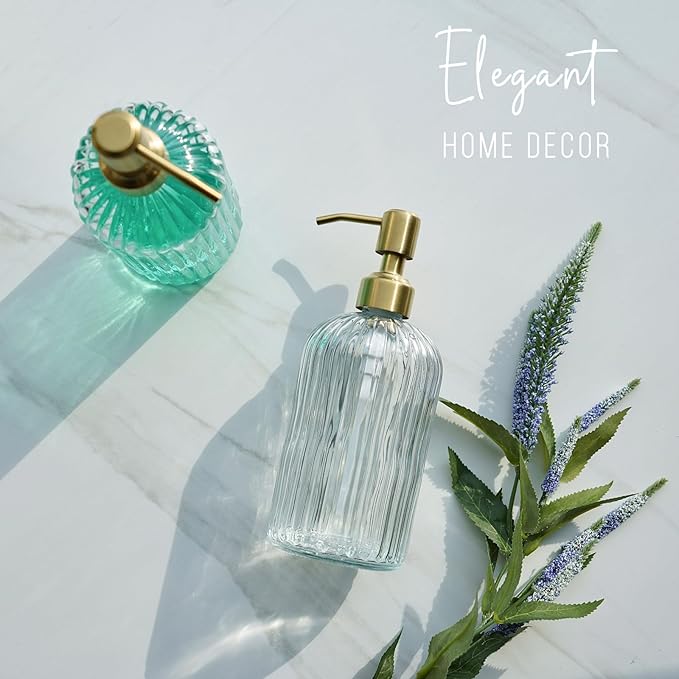 JASAI 18Oz Glass Soap Dispenser with Golden Pump for Kitchen,Refillable Liquid Hand soap Dispenser with Vertical Stripe, Clear Soap Dispenser Bathroom for Hand soap, Dish Soap, Lotion - Image 7