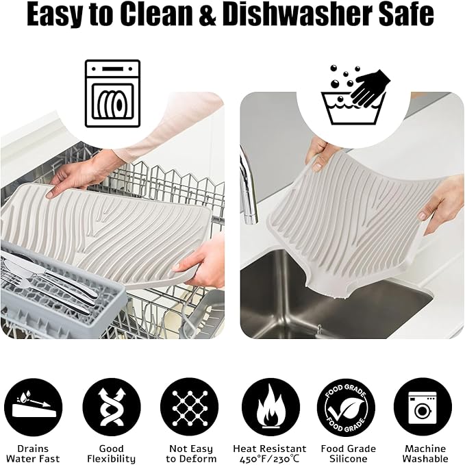 TIKNIK Silicone Dish Drying Mat, Stone Drying Mat for Kitchen Counter with Built-In Drain, Non-Slip Drain Pad with Built-in Drain, Heat Resistant Stone Drying Mat, Hangable, Cream-1pcs, 20" x 15" - Image 4