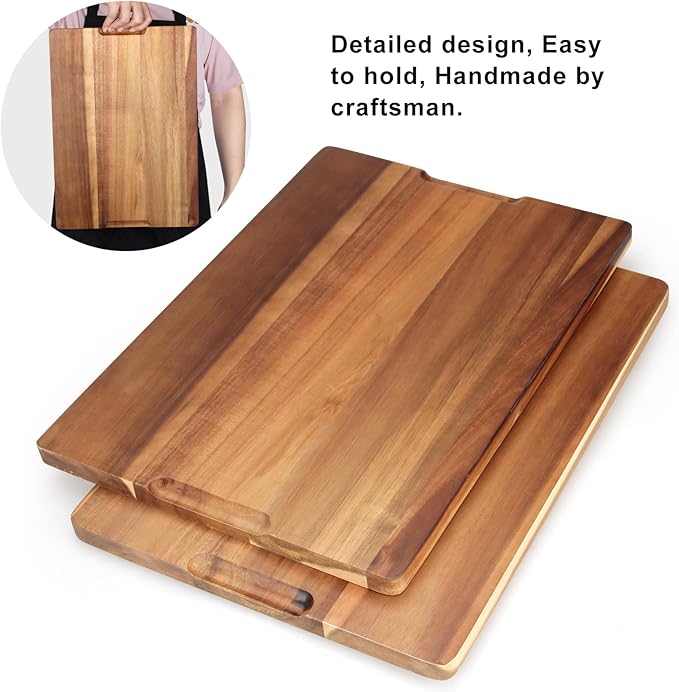 17" Best Solid Acacia Wood Cutting Boards for Kitchen Meat Large Wooden Charcuterie Board Food Non Toxic Hardwood Chopping Boards with Juice Groove Thick Butcher Block Big Bread Serving Cheese Board - Image 3