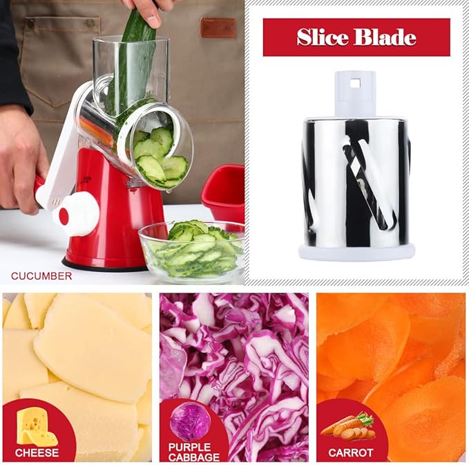 Ourokhome Rotary Cheese Grater Hand Crank, Kitchen Shredder Speed Mandolin Slicer Nut Grinder with Handle and Drum Blades for Cheese, Vegetable, Walnut, Chocolate, Potato, Carrot, 3 Blades, Red - Image 5