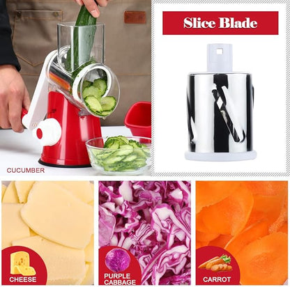 Ourokhome Rotary Cheese Grater Hand Crank, Kitchen Shredder Speed Mandolin Slicer Nut Grinder with Handle and Drum Blades for Cheese, Vegetable, Walnut, Chocolate, Potato, Carrot, 3 Blades, Red - Image 5