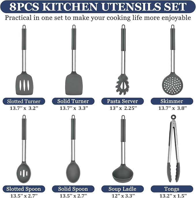 TeamFar Kitchen Utensils, 8PCS Silicone Utensils Kitchen Tools Set with Stainless Steel Handle, for Nonstick Cookware Frying Flipping Draining, Healthy & Anti-heat, Nonstick & Dishwasher Safe - Gray - Image 2