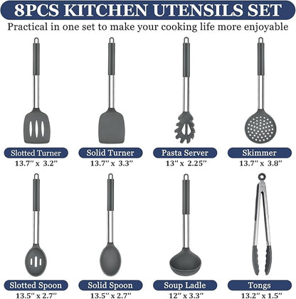 TeamFar Kitchen Utensils, 8PCS Silicone Utensils Kitchen Tools Set with Stainless Steel Handle, for Nonstick Cookware Frying Flipping Draining, Healthy & Anti-heat, Nonstick & Dishwasher Safe - Gray - Image 2