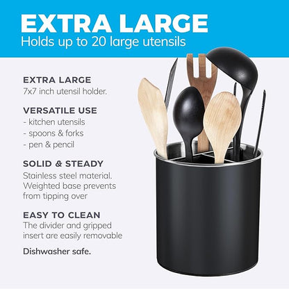 Cooler Kitchen Black Rotating Extra Large Stainless Steel Utensil Holder Caddy with Sturdy No-Tip Weighted Base, Removable Divider, and Gripped Insert - Dishwasher Safe Metal Cooking Utensil Holder - Image 6