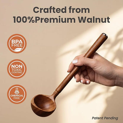 Wooden Spoons for Cooking - 12-Piece Premium Walnut Wood Utensil Set with Elegant Ceramic Holder & Spoon Rest, Non-Scratch Cooking Utensils Set for Nonstick Cookware, Luxury Kitchen Gift Set [Walnut]