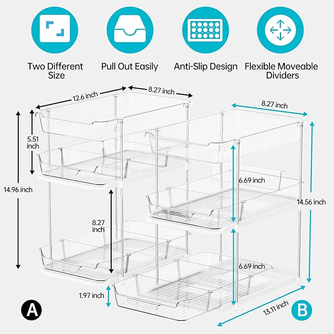 Delamu 2 Sets of 3-Tier Bathroom Under Sink Organizers and Storage, Multi-Purpose Stackable Pantry Organization and Storage, Pull Out Clear Kitchen Bathroom Cabinet Organizer with Movable Dividers | Storage, Multi-Purpose, Stackable, Pantry Organizatio... - Image 3