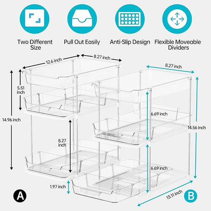 Delamu 2 Sets of 3-Tier Bathroom Under Sink Organizers and Storage, Multi-Purpose Stackable Pantry Organization and Storage, Pull Out Clear Kitchen Bathroom Cabinet Organizer with Movable Dividers | Storage, Multi-Purpose, Stackable, Pantry Organizatio... - Image 3