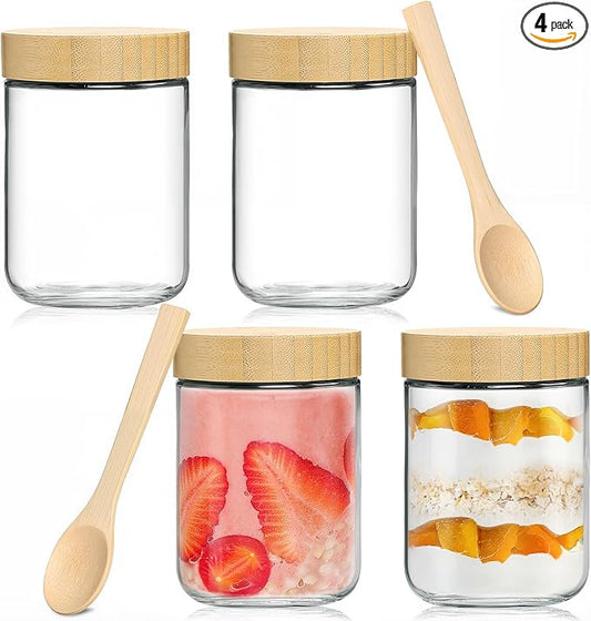 TBWIND 4 Pack 16oz Glass Jars with Bamboo Lids, Spoons, Airtight Overnight Oats Containers, Wide Mouth Mason Jars, Food Storage Container for Yogurt Salad Snacks Spice Sugar Meal Prep – Reusable