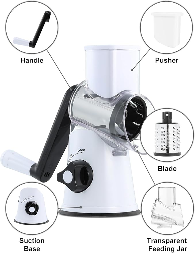 Cheese Grater Rotary, Rotary Grater for Kitchen, Kitchen Grater Vegetable Slicer with 3 Drum Blades, Fast Cutting Cheese Shredder for Vegetables and Nuts - Image 7