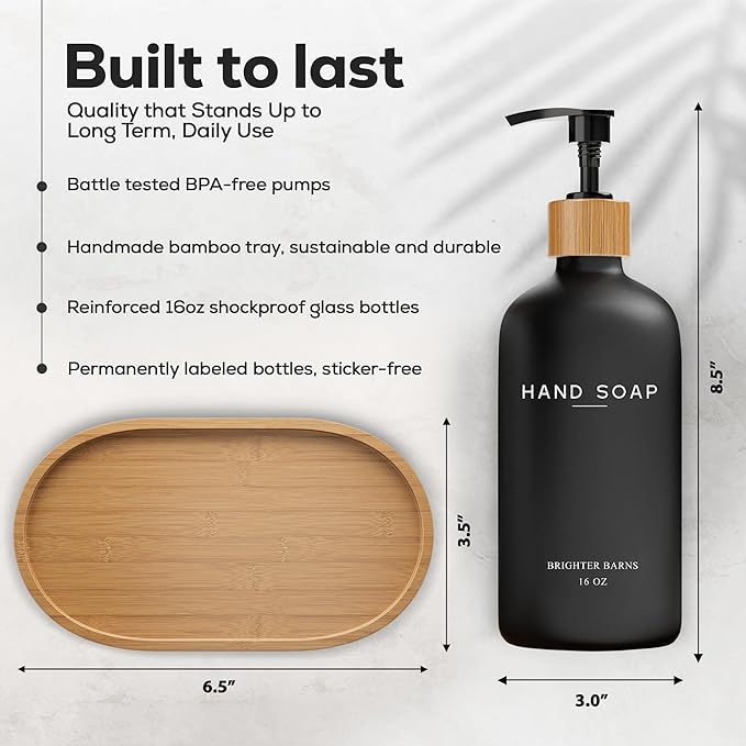 Black Glass Hand and Dish Soap Dispenser Set by Brighter Barns - Kitchen Soap Dispenser Set with Tray - Bamboo Pump Bottles for Kitchen Sink - Boho Modern Home Decor, Neutral Home Accessories (Black) - Image 3