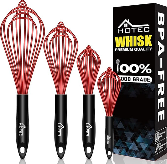 HOTEC 4 Pieces Silicone Whisks Set, Wire Balloon Whisks Egg Beater, Non-slip Handle Whisk for Non-stick Cookware Perfect for Cooking, Stirring, Beating and Blending (Red) by Hotec