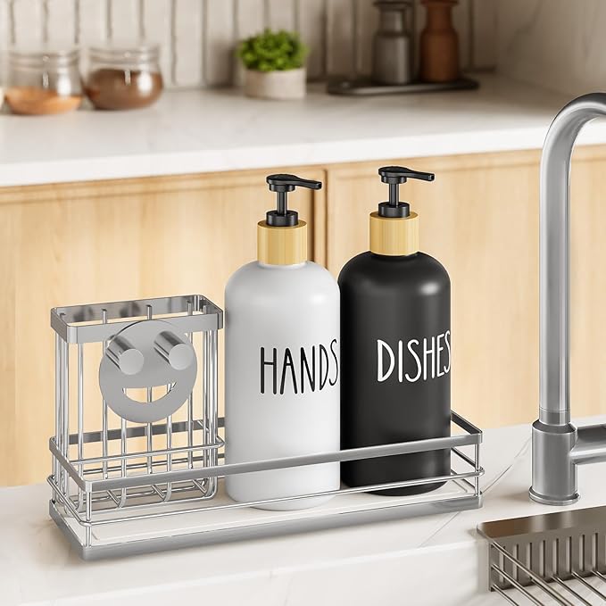 Moforoco Kitchen Dish Soap Dispenser Set, 16OZ Glass Bottle, Hand and Dish Soap Dispenser Set, Instant Dry Tray, Brush Holder with Smiley Face Sponge Holder (Silver Tray+Black&White Bottle) - Image 7