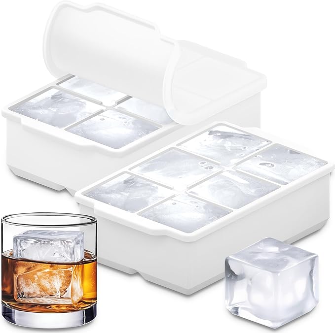 KitchFort Large Silicone Ice Cube Tray (2-Pack), Easy Release 2" Big Ice Cubes - Cocktail, Whiskey Ice Cubes Mold - Ice Trays for Freezer with Lid - Stackable Silicone Ice Tray - White by KitchFort