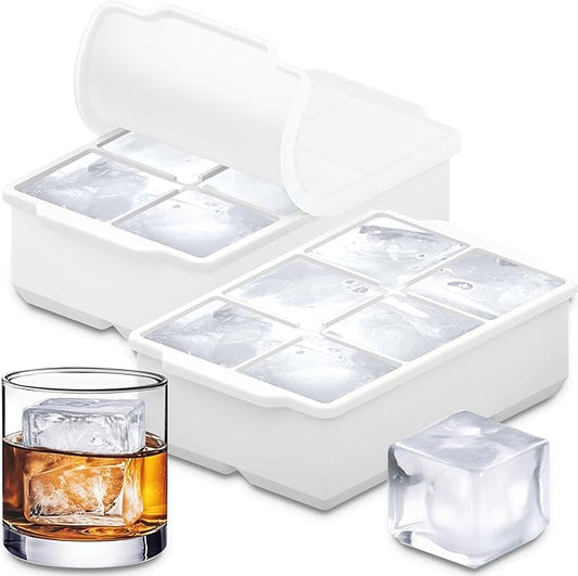KitchFort Large Silicone Ice Cube Tray (2-Pack), Easy Release 2" Big Ice Cubes - Cocktail, Whiskey Ice Cubes Mold - Ice Trays for Freezer with Lid - Stackable Silicone Ice Tray - White by KitchFort
