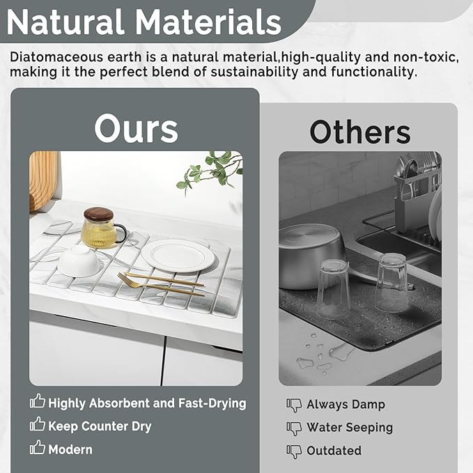 Large Stone Dish Drying Mat for Kitchen Counter, 2 PCS Quick Dry Stone Mats, Foldable Water Absorbing Diatomaceous Earth Drying Dishes Pad for Countertop Bottle Utensil Cup(Black White 24"×16"&8"x4") - Image 7