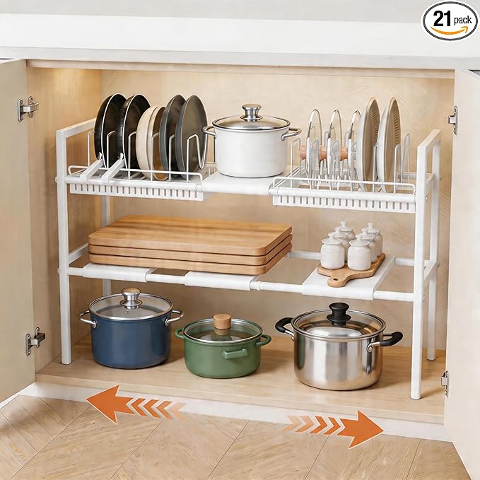 Pots and Pans Organizer Under Cabinet, Expandable Length, Adjustable Height Under Sink Shelf 2 Tier with 10 Dividers Under Cabinet Shelf, Pot and Pan Lid Holder Rack (White)