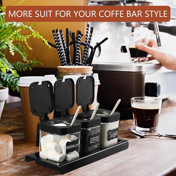 Suclain 3 Pcs Glass Coffee Containers Coffee Station Organizer Set, Airtight Bean Storage Jars with Shelf,labels,spoon, Base and Pen,for Sugar, Candy, Oats, Nuts(Black) - Image 5