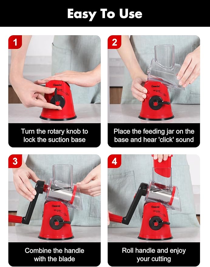 Geedel Rotary Cheese Grater Cheese Shredder with 5 Interchangeable Blades - Upgraded Rotary Grater Featuring Strong Suction Base for Cheese Shredding, Wavy Slicing, Nut Grinding, and Ice Shaving - Image 7