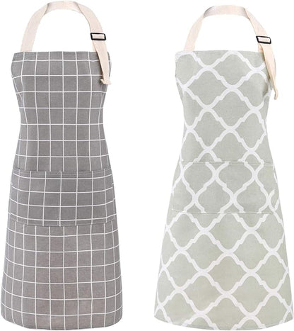 Tosewever 2 Pieces Cotton Linen Waterproof Bib Kitchen Apron with Pockets - Long Ties Adjustable Neck Strap - Unisex BBQ Cooking Drawing Crafting Aprons for Women Chef (Grey/Green, 2)
