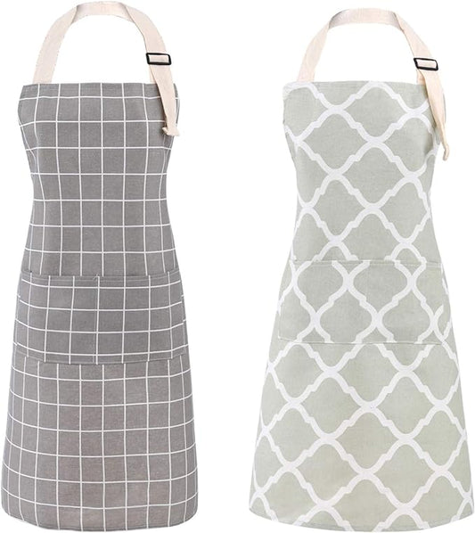 Tosewever 2 Pieces Cotton Linen Waterproof Bib Kitchen Apron with Pockets - Long Ties Adjustable Neck Strap - Unisex BBQ Cooking Drawing Crafting Aprons for Women Chef (Grey/Green, 2)