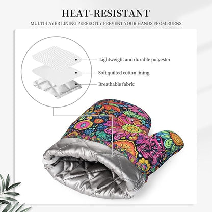Oven Mitts and Pot Holders Set, Colorful Flower Art Silicone Kitchen Accessories 4 Piece Heat Resistant Long Gloves Potholder Non-Slip Grip for Chef Cooking Baking Grilling BBQ