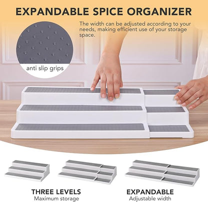 CiWiVOKi 3 Tier Expandable Spice Rack Organizer, Plastic Spice Rack, Adjustable Length 14.6In-25.8In, Non-Skid Tiered Spice Shelf Organizer for Kitchen Cabinet, Cupboard, Pantry, White/Grey - Image 3