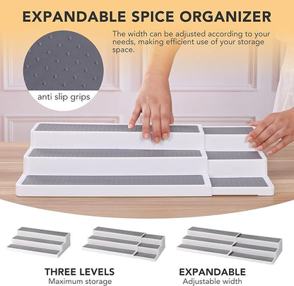 CiWiVOKi 3 Tier Expandable Spice Rack Organizer, White/Grey Plastic Spice Rack, Adjustable Length 14.6In-25.8In, 2 Pack Non-Skid Tiered Spice Shelf Organizer for Kitchen Cabinet, Cupboard, Pantry - Image 3