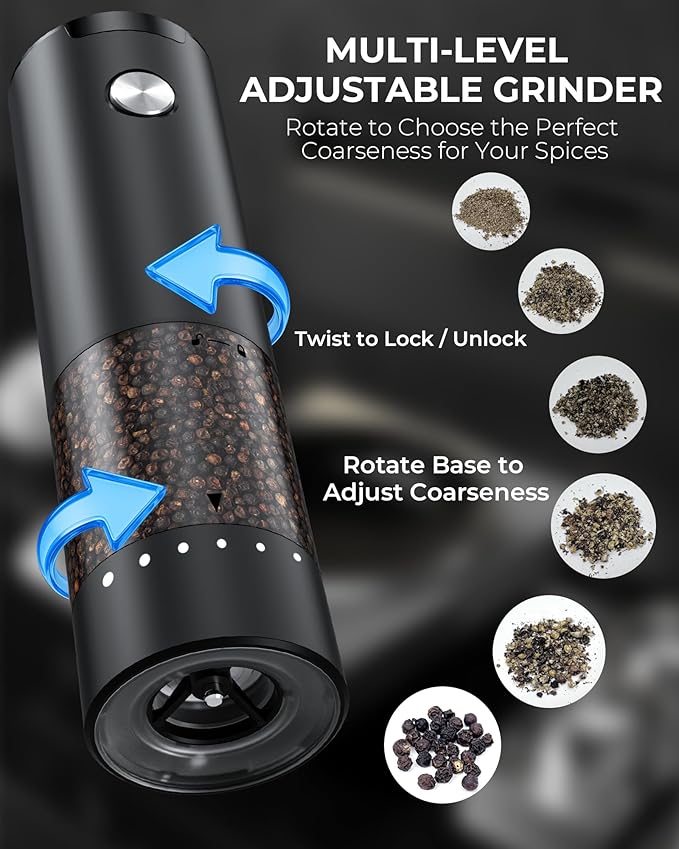 Electric Salt and Pepper Grinder Set, Automatic Battery Salt and Pepper Shakers，6 Adjustable Coarseness with LED, 100ml Upgraded Larger Capacity Pepper Mill Shakers for Kitchen, Dining and Gifts