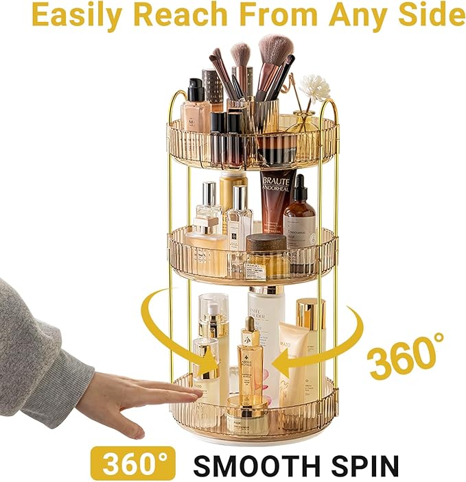 Asayuee 360 Rotating Makeup Organizer,3 Tier Large Capacity Make Up Organizers and Storage,Skincare Perfume Vanity Organizers,Bathroom Cosmetics Storage Organizer Countertop(Gold) - Image 3