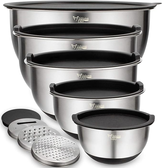 Wildone Mixing Bowls with Airtight Lids Set, 5PCS Stainless Steel Nesting Bowls for Kitchen, with Grater Attachments & Non-Slip Bottoms, Size 5, 3, 2, 1.5, 0.63 QT, Great for Mixing & Serving by Wildone