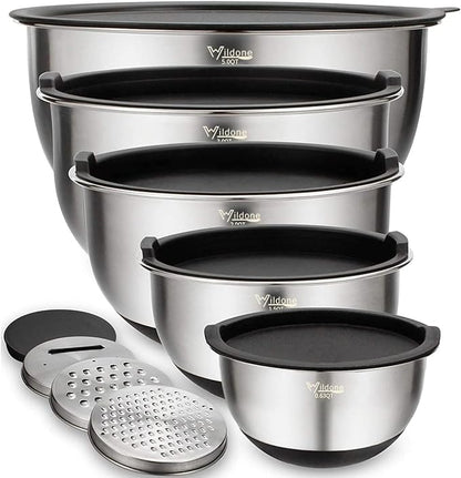 Wildone Mixing Bowls with Airtight Lids Set, 5PCS Stainless Steel Nesting Bowls for Kitchen, with Grater Attachments & Non-Slip Bottoms, Size 5, 3, 2, 1.5, 0.63 QT, Great for Mixing & Serving by Wildone