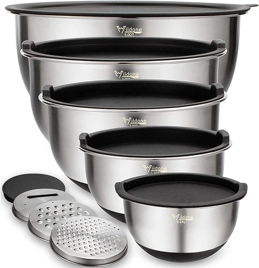 Wildone Mixing Bowls with Airtight Lids Set, 5PCS Stainless Steel Nesting Bowls for Kitchen, with Grater Attachments & Non-Slip Bottoms, Size 5, 3, 2, 1.5, 0.63 QT, Great for Mixing & Serving by Wildone