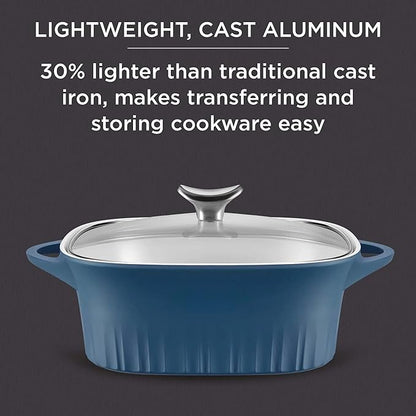 CorningWare QuickHeat 3.2-QT Cast Aluminum Roaster With Lid & Non-Stick Ceramic Interior, Lightweight and Fast Even Heat Baking & Cooking, For Meats, Soup, Browning, Searing, French Navy