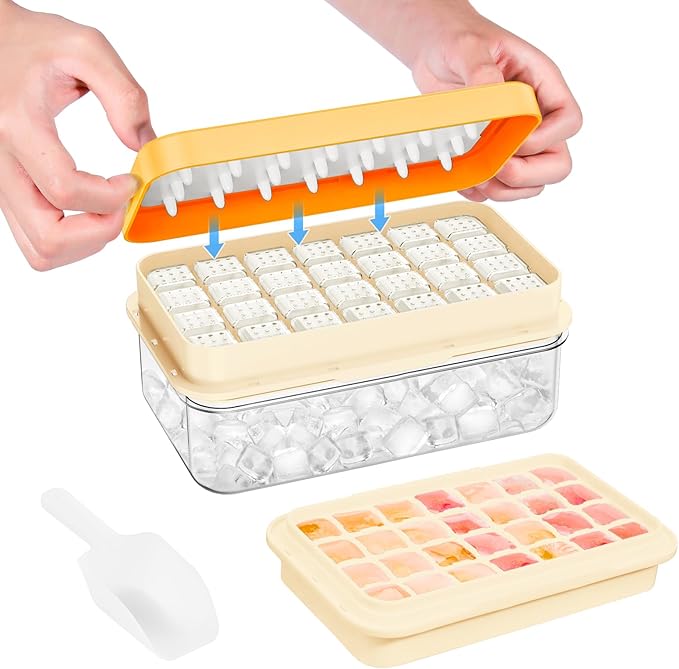 Ice Cube Tray with Lid and Bin, 28 pcs Ice Cubes Molds, Ice Trays for Freezer, Ice Cube Tray Mold, with 1 tray, Ice Freezer Container, Spill-Resistant Removable Lid & Ice Scoop, for Whiskey,Cocktail by PHINOX