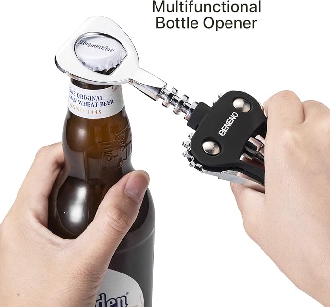Beneno Wine Opener with Stainless Steel Wine Foil Cutter - Bottle Top Seal Cutter, Zinc Alloy Premium Wing Corkscrew with Multifunctional Bottles Opener, Midnight Black - Image 5